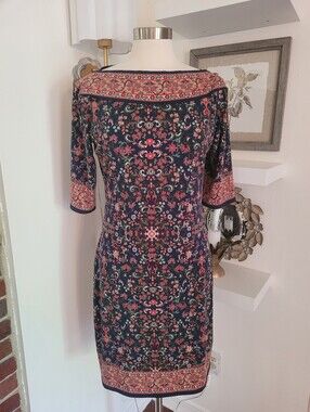 Max Studio Navy Floral Border-Print Sheath Dress Large